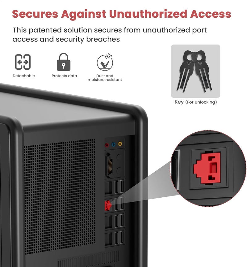 NataLink 100 Pcs RJ45 Port Lock with 10 Key, Locking RJ45 Port/Dust Blocker, RJ45 Dust Cover Cap Female Port Plugs Protector, Compatible RJ45 Port Devices, Red - Image 3